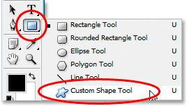 Selecting the 'Custom Shape Tool' from the Tools palette. Image &copy; 2008 Photoshop Essentials.com.