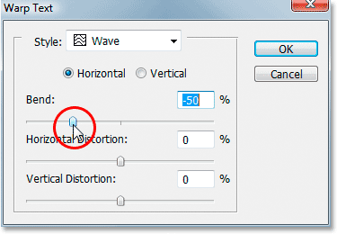 Dragging the 'Bend' option slider to the left to flip the wave horizontally. Image &copy; 2008 Photoshop Essentials.com.