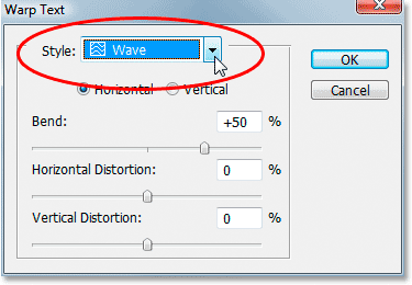 Selecting the 'Wave' text warp style in Photoshop's Warp Text dialog box. Image &copy; 2008 Photoshop Essentials.com.