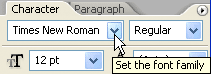 Photoshop text tutorial image - The Font Family selection box in the Character palette