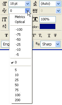 The Kerning selection box in Photoshop's Character palette