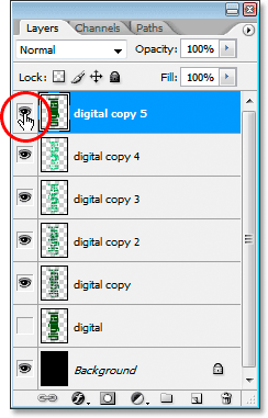 Adobe Photoshop Text Effects: Duplicate the original text layer again, drag it to the top of the Layers palette and click on its Layer Visibility icon.