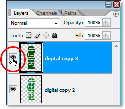 Adobe Photoshop Text Effects: Clicking the layer's visibility icon to reveal the layer in the document.