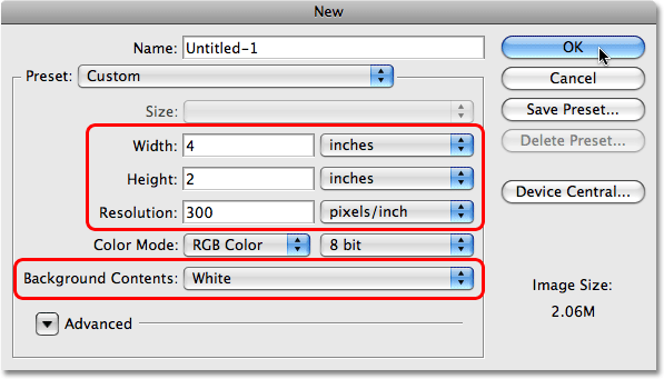 The New Document dialog box in Photoshop. Image © 2009 Photoshop Essentials.com.