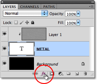 The Layer Styles icon in the Layers panel in Photoshop. Image © 2010 Photoshop Essentials.com.