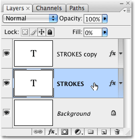 Selecting the original text layer in the Layers palette. Image &copy; 2008 Photoshop Essentials.com