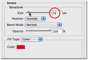 Increasing the stroke size in Photoshop. Image &copy; 2008 Photoshop Essentials.com