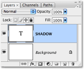 The Layers palette in Photoshop showing the text on its own layer. Image &copy; 2009 Photoshop Essentials.com