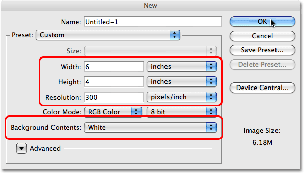 The New Document dialog box in Photoshop. Image &copy; 2009 Photoshop Essentials.com