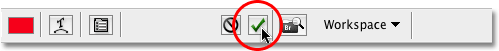 Clicking on the checkmark in the Options Bar to accept the text. Image &copy; 2009 Photoshop Essentials.com