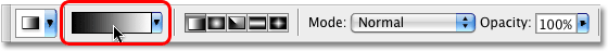 The Gradient Tool options in the Options Bar in Photoshop. Image &copy; 2009 Photoshop Essentials.com
