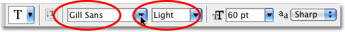 Choosing a font in the Options Bar in Photoshop. Image &copy; 2009 Photoshop Essentials.com