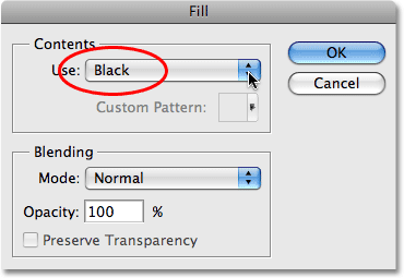 The Fill command dialog box in Photoshop. Image &copy; 2009 Photoshop Essentials.com