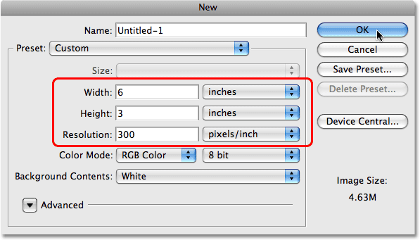 The New Document dialog box in Photoshop. Image &copy; 2009 Photoshop Essentials.com