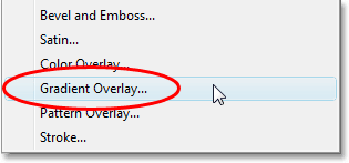 Adobe Photoshop Text Effects: Selecting the Gradient Overlay layer style.