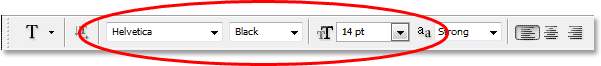 Adobe Photoshop Text Effects: Selecting the font and font size in the Options Bar in Photoshop.