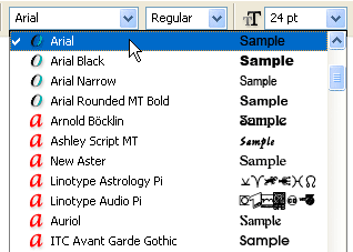 The Font Family selection box in the Options Bar with the Type Tool selected