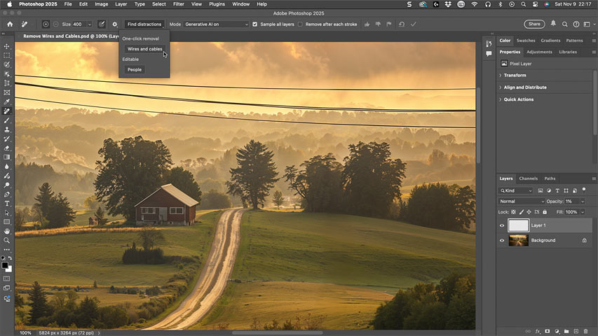 Using Find Distractions to Remove Wires and Cables in Photoshop 2025