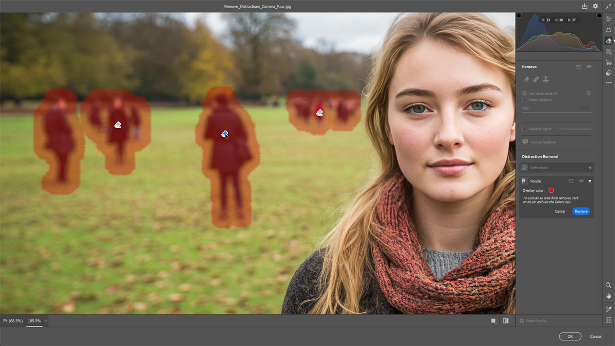 How to remove distracting people in Camera Raw with AI tutorial